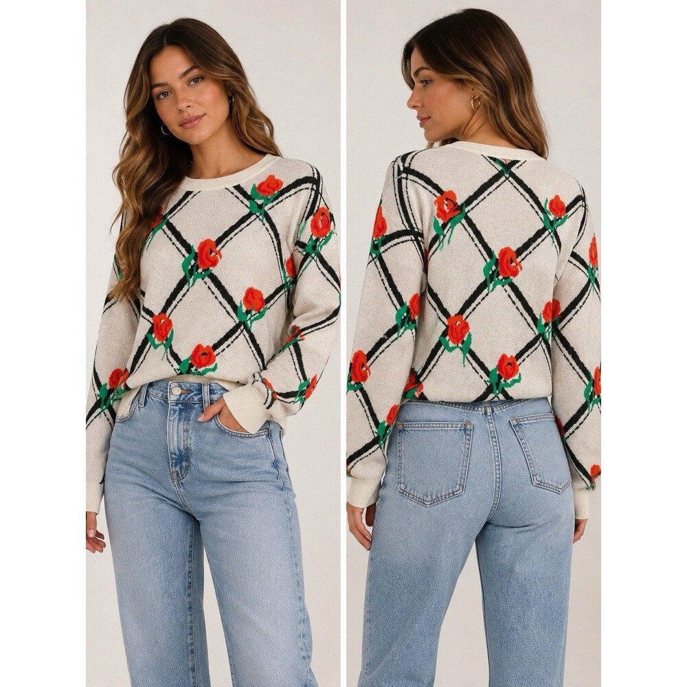 Maeve By Anthropologie Rose Floral Crew Neck Knit Pullover Sweater M